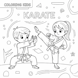 学员在训练空手道Boy and girl practice karate, wearing karate uniform, coloring sheet