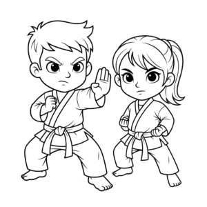 学员在训练空手道Boy and girl practice karate, wearing karate uniform, coloring sheet