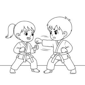 学员在训练空手道Boy and girl practice karate, wearing karate uniform, coloring sheet