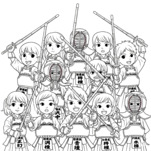 Kids kendo coloring page with bamboo sword剑道填色图
