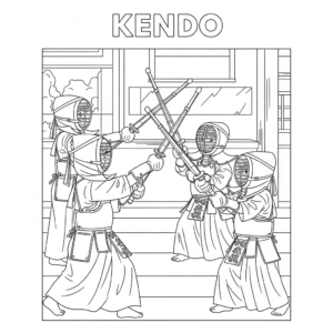 Kids kendo coloring page with bamboo sword剑道填色图