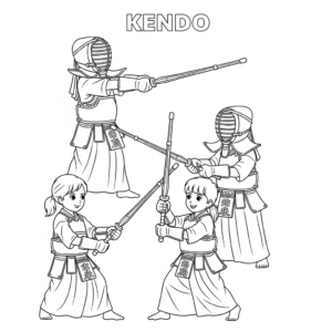 Kids kendo coloring page with bamboo sword剑道填色图