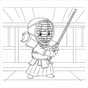 Kid kendo coloring page with bamboo sword剑道填色图