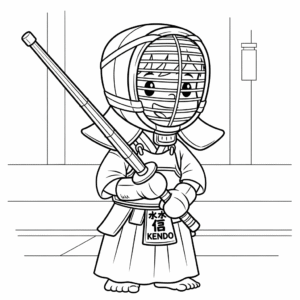 Kid kendo coloring page with bamboo sword剑道填色图