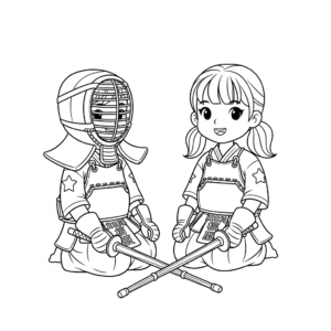 Kids kendo coloring page with bamboo sword剑道填色图