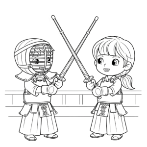 Printable coloring sheet of children in kendo armor during a match剑道填色图