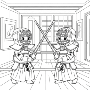 剑道填色图Printable coloring sheet of children in kendo armor during a match