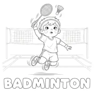 boy smashing shuttlecock in a badminton game – coloring sheet 男生扣球填色图