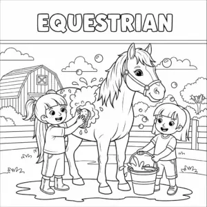 Kid washing horse with hose | 儿童帮马冲凉