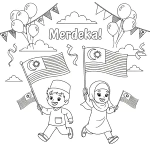 Family celebrate Merdeka day free coloring sheet. 一家人庆祝国庆日