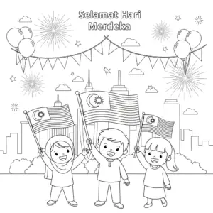 Kids celebrate Merdeka day free kid coloring page.儿童庆祝马来西亚国庆日