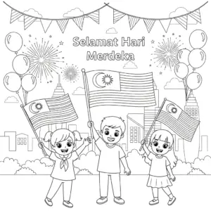 Kids celebrate Merdeka day free kid coloring page.儿童庆祝马来西亚国庆日