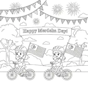 kids cycling celebrate merdeka day, free colorong sheet, 儿童骑单车庆祝国庆日。