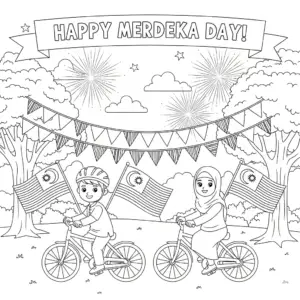kids cycling celebrate merdeka day, free colorong sheet, 儿童骑单车庆祝国庆日。