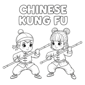 中国武术，Kids practice chinese kong fu with weapon in wushu outfit.