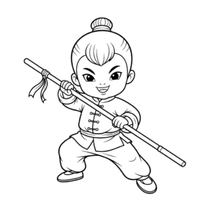 中国武术，Kid practice chinese kong fu with bamboo staff in wushu outfit.