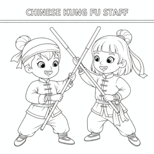 中国武术，Kids practice chinese kong fu with bamboo staffs in wushu outfit.