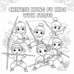 中国武术，Kids practice chinese kong fu with bamboo staffs in wushu outfit.