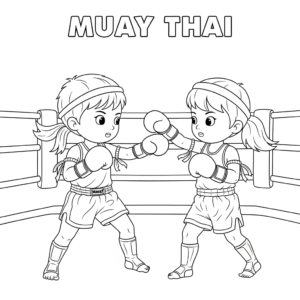 Muay Thai sparring coloring sheet – two kids boxing 儿童泰拳对打练习填色图