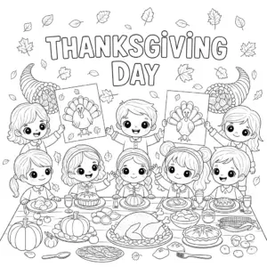 儿童围坐感恩节餐桌欢聚一堂 | Kids enjoying Thanksgiving dinner around the table coloring page