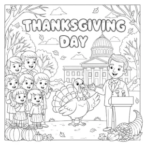 儿童参与感恩节“赦免火鸡”仪式 | Kids taking part in Thanksgiving turkey pardon coloring page
