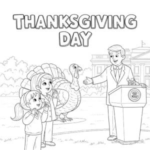 儿童参与感恩节“赦免火鸡”仪式 | Kids taking part in Thanksgiving turkey pardon coloring page