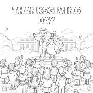 儿童参与感恩节“赦免火鸡”仪式 | Kids taking part in Thanksgiving turkey pardon coloring page