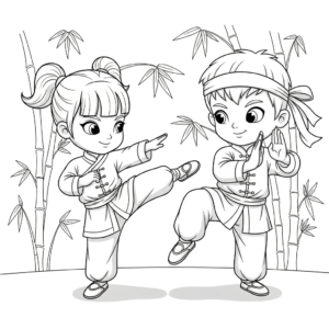 中国武术，Kids practice chinese kong fu in wushu outfit.