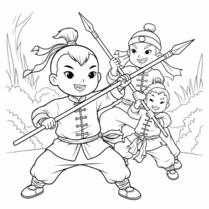 中国武术，Kids practice chinese kong fu with weapon in wushu outfit.