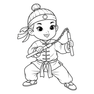 中国武术双截棍，Kids practice Nunchaku in wushu outfit.