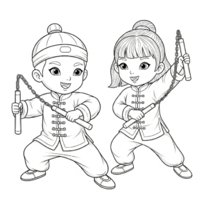 中国武术双截棍，Kids practice Nunchaku in wushu outfit.