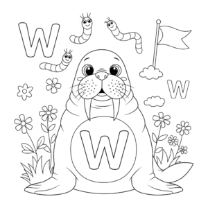 字母W大写填色图，适合儿童学习ABC上色练习