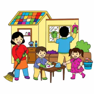 孩子在小年扫尘迎新，传统节庆清洁场景儿童填色图 | Child sweeping for Little New Year, traditional Chinese festival cleaning scene coloring page