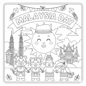 马来西亚日动物庆祝填色图 | Malaysia Day Animal Celebration Coloring Page