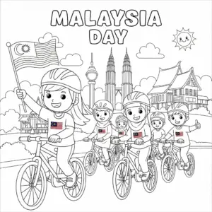 Families cycling together with flags on Malaysia Day | 家庭在马来西亚日一起骑单车，车上插着国旗