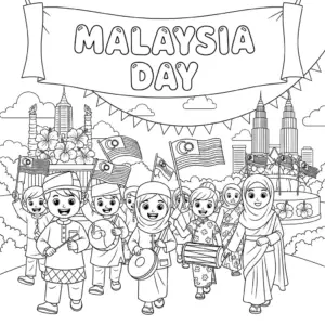 Children in traditional costumes parading with Malaysian flags for Malaysia Day. 马来西亚孩子穿传统服装参加马来西亚日游行。