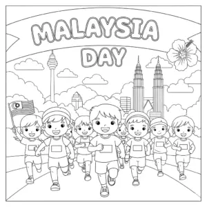 Children running in a Malaysia Day marathon with flags and banners | 孩子们参加马来西亚日马拉松，挥舞国旗与横幅