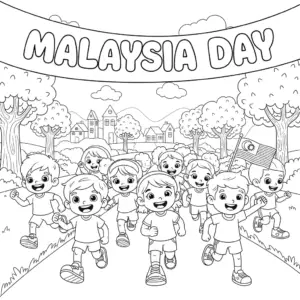 Children running in a Malaysia Day marathon with flags and banners | 孩子们参加马来西亚日马拉松，挥舞国旗与横幅