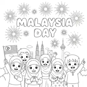Malay, Chinese, and Indian children holding hands with Malaysian flags for Malaysia Day. 马来、华人及印度裔小孩手牵手庆祝马来西亚日。