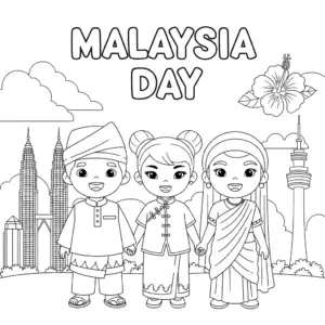 Malay, Chinese, and Indian children holding hands with Malaysian flags for Malaysia Day. 马来、华人及印度裔小孩手牵手庆祝马来西亚日。