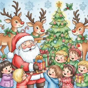 圣诞节 Santa Claus 与圣诞树涂色图 Christmas coloring page