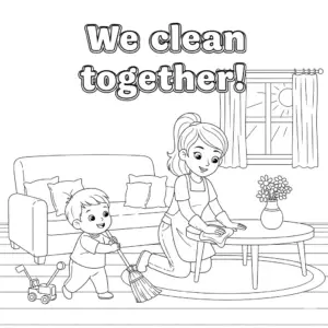 mother and children sweeping living room – 妈妈和孩子一起扫客厅儿童涂色图