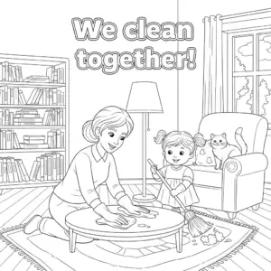 mother and children sweeping living room – 妈妈和孩子一起扫客厅儿童涂色图