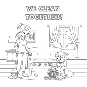 mother and children sweeping living room – 妈妈和孩子一起扫客厅儿童涂色图