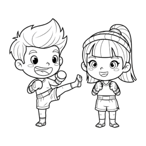 Muay Thai sparring coloring sheet – two kids boxing 儿童泰拳对打练习填色图