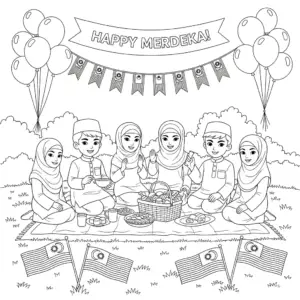 Kids picnic and celebrate merdeka day free coloring sheet.国庆日野餐