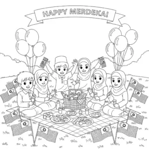 Kids picnic and celebrate merdeka day free coloring sheet.国庆日野餐