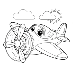 可爱螺旋桨飞机涂色图 Cute cartoon propeller aircraft coloring
