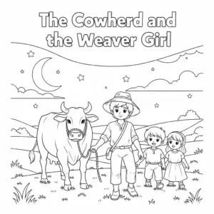 牛郎牵牛与两个孩子填色图 Cowherd with ox and two children coloring page