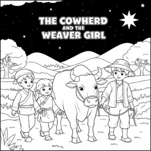 牛郎牵牛与两个孩子填色图 Cowherd with ox and two children coloring page